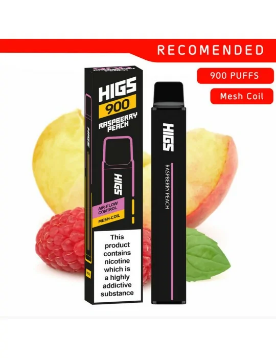 HIGS XL 900puffs ZERO Nicotine Raspberry Peach Mesh-Coil disposable e cigarette